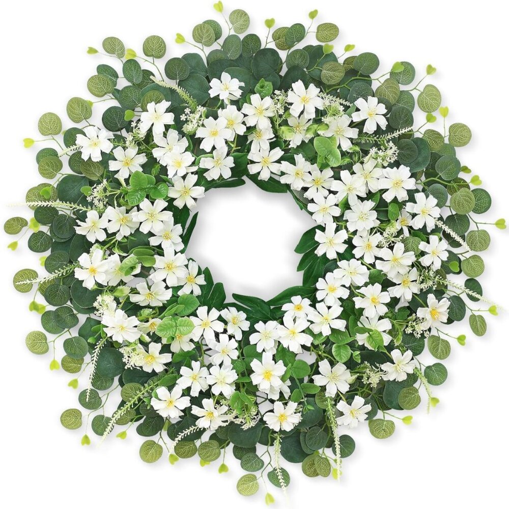 26" Daisy and Eucalyptus Wreath for Front Door
